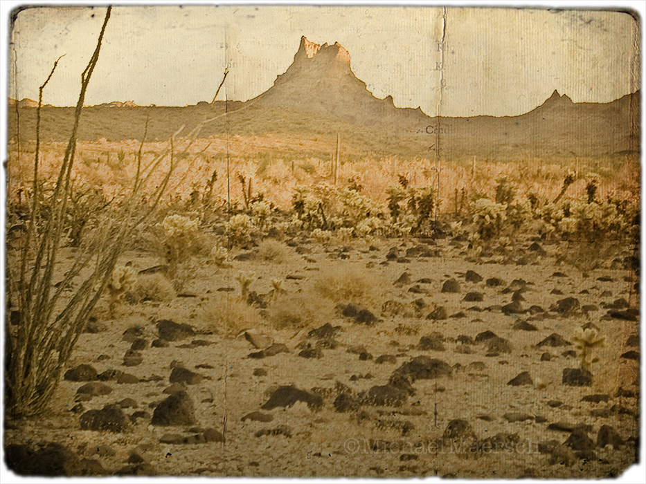 A lonely, desolate desert landscape saved as a tin-type "photograph"