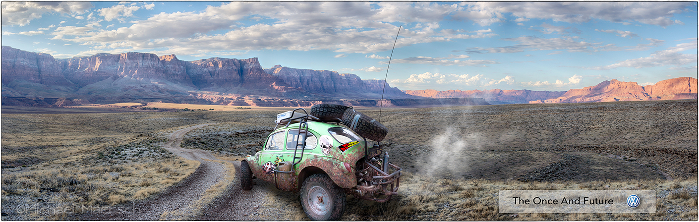a volkswagen "baja bug" covered in mud on a high-desert 4wd backroad along Arizona's Colorado Plateau